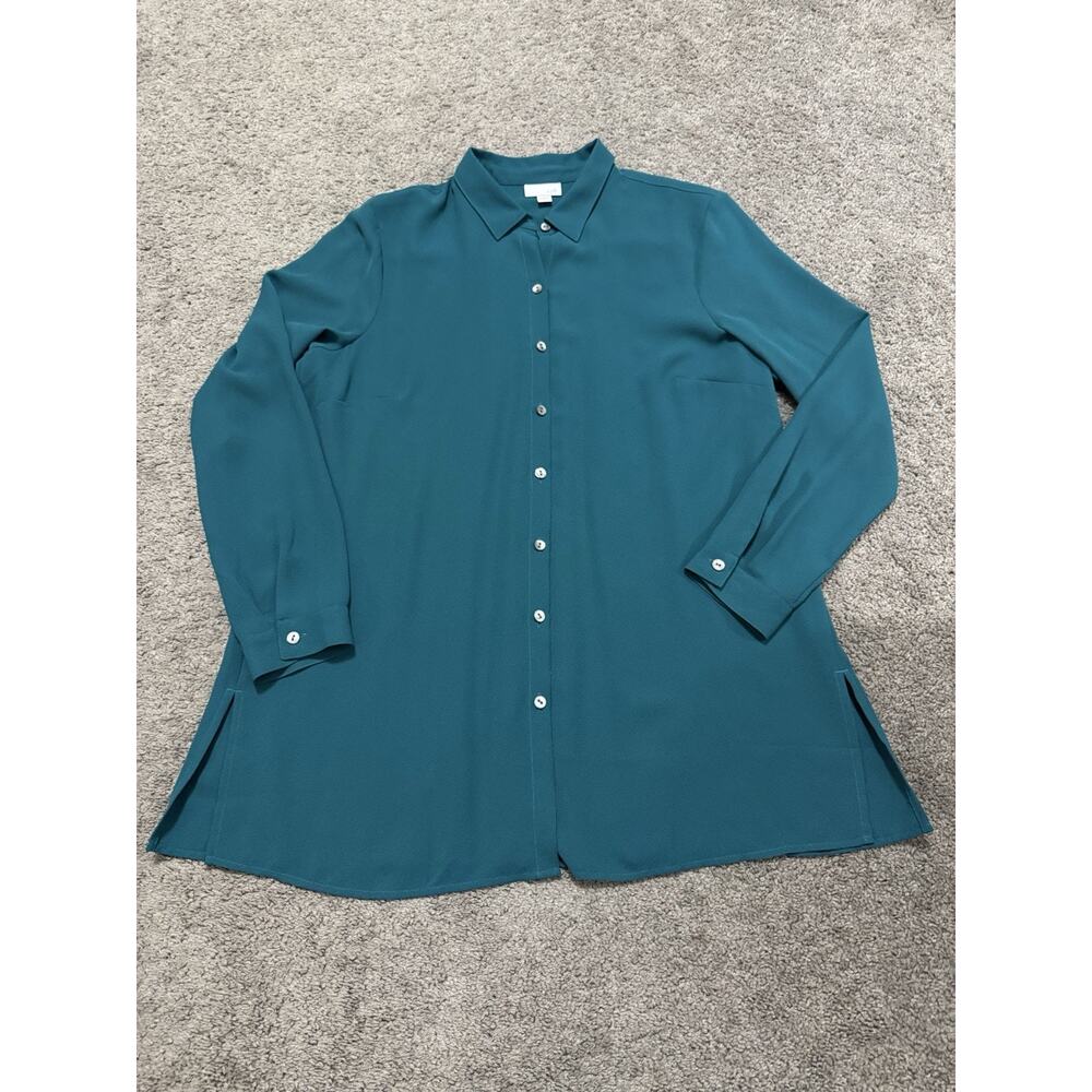 J Jill Womens Medium Teal Button Up Blouse Pleated Back Detail Long Sleeve Shirt